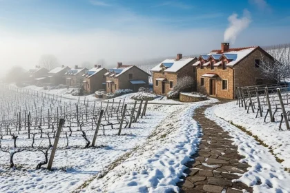 Village bourguignon sous la neige avec toits rouges