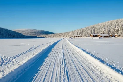 Route de glace sur lac gelé en Laponie avec vans