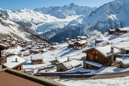 Village tyrolien enneigé avec chalets et glaciers au loin