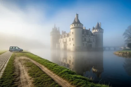 Château de la Loire entouré de brume avec van blanc