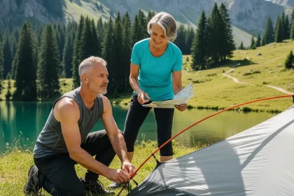 Couple installant une tente près d'un lac turquoise