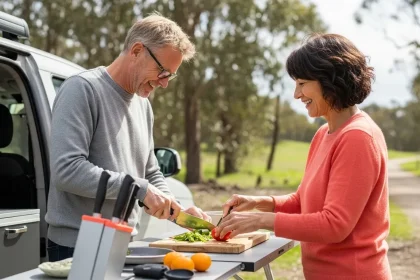 Couple préparant un repas simple à l'extérieur près de leur van