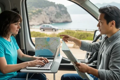 Couple travaillant en nomade depuis leur van Transit