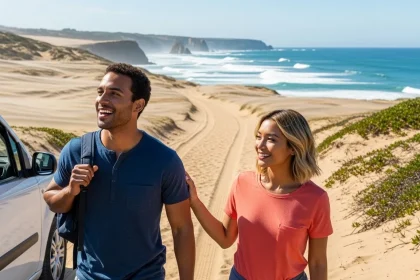 Couple sortant de leur van sur une plage sauvage