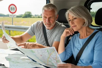 Couple consultant une carte dans un van face à une route interdite