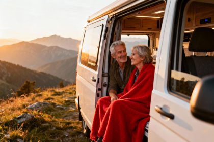 Couple dans la cinquantaine assis devant leur van avec une couverture rouge, paysage montagneux en arrière-plan