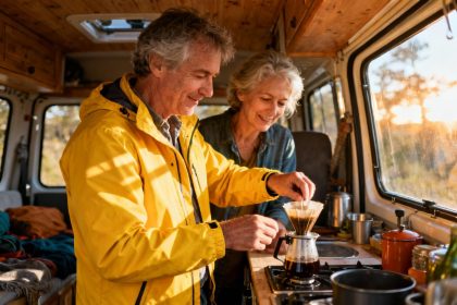 Couple dans la cinquantaine préparant du café dans leur van, lumière matinale traversant les fenêtres