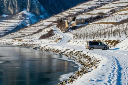 Vue panoramique du Danube gelé en Wachau en hiver