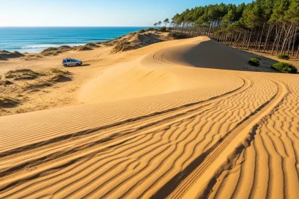 Dunes dorées avec van face à l'océan Atlantique