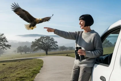 Femme observant un aigle depuis sa camionnette dans un parc national