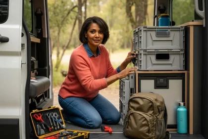 Femme installant un frigo modulaire dans son van