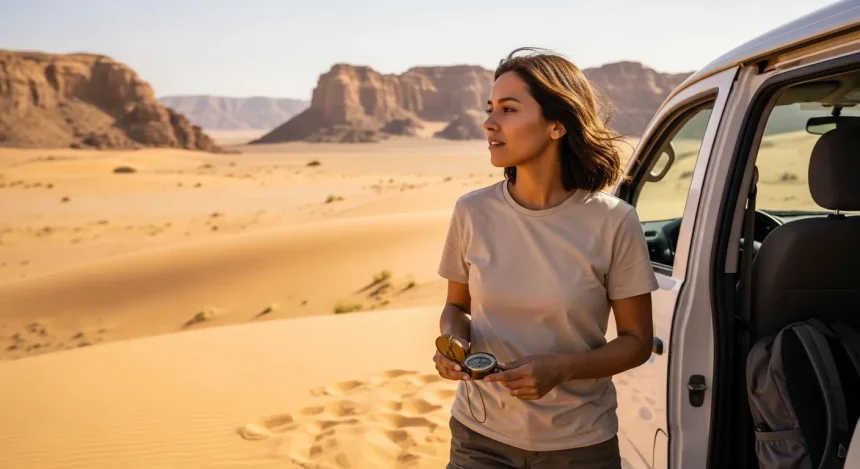 Femme contemplative avec boussole dans le désert du Sahara