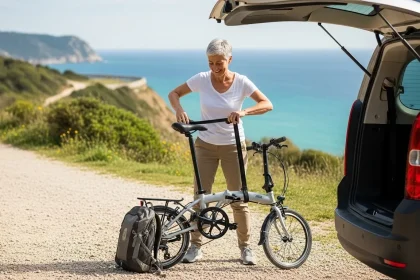 Femme dépliant son vélo pliable près d'une van