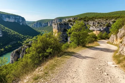 Plateaux calcaires avec pistes de van et rivière Tarn au loin