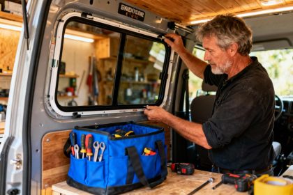 Homme de 55 ans installant une fenêtre de van avec un sac à outils bleu vif dans un atelier naturellement éclairé