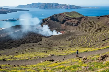 Vue aérienne des îles Éoliennes avec volcan et mer émeraude