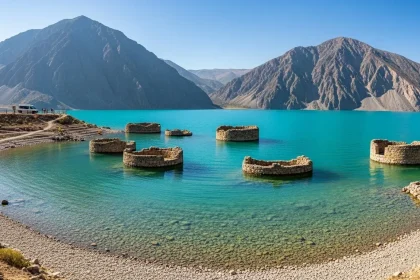 Lac turquoise avec forteresse submergée et montagnes