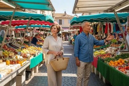 Couple découvrant un marché provençal coloré