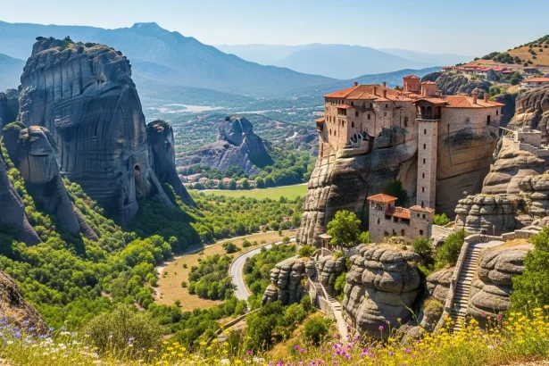 Monastères grecs perchés sur falaises rouges avec route en contrebas