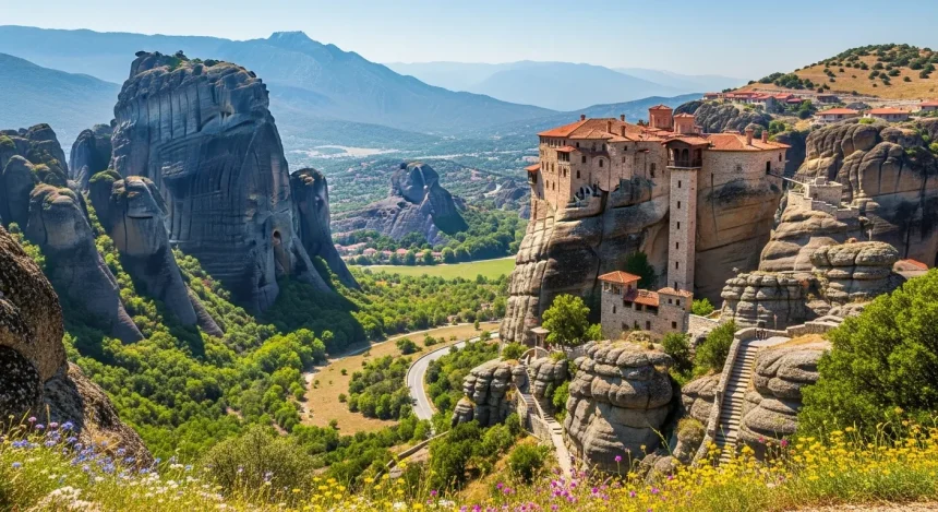 Monastères grecs perchés sur falaises rouges avec route en contrebas
