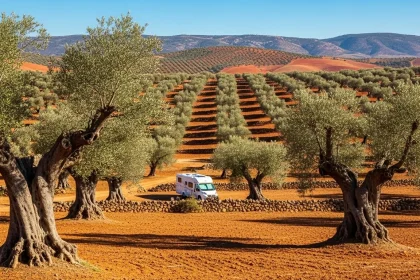 Oliveraie millénaire de Puglia avec van de camping