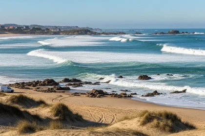 Plage des Landes en hiver avec vagues géantes et van