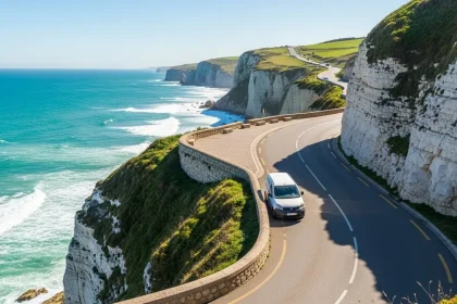 Route corniche avec van blanc surplombant l'océan Atlantique