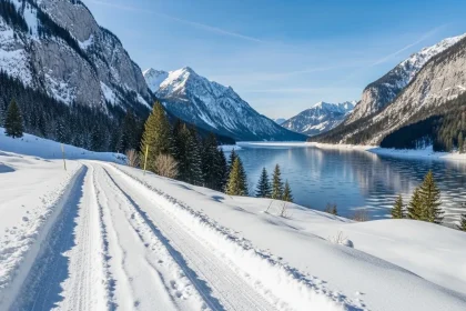 Route enneigée avec van dans les montagnes du Jura