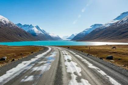 Route de graviers menant aux fjords glacés turquoise