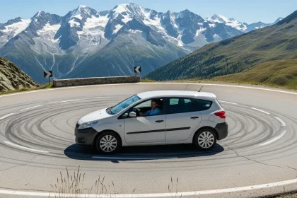 Van blanc dans les virages de montagne enneigée