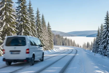 Van blanc sur route enneigée en forêt de Bavière