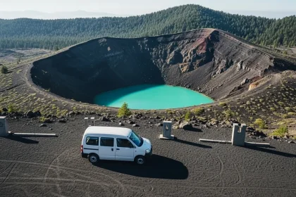 Van blanc au bord d'un cratère volcanique avec lac turquoise