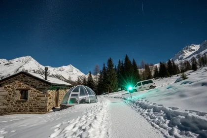 Van blanc devant cabane de berger sous ciel étoilé