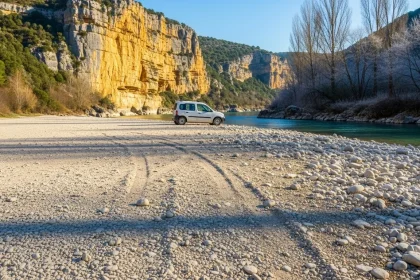Van blanc près des falaises calcaires de la Cèze en hiver