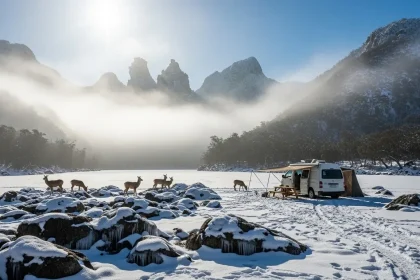 Van blanc stationné près de la rivière gelée avec montagnes enneigées