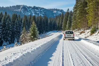 Van blanc roulant sur route enneigée en forêt
