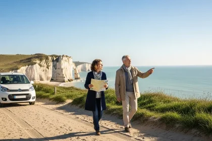 Famille contemplant les plages normandes depuis un van blanc
