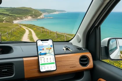 Intérieur de van avec écran météo et vue côtière