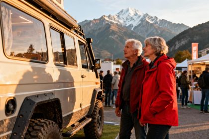 Couple d'une cinquantaine d'années admirant une conversion de van tout-terrain au Vanlife Expo Grenoble avec les Alpes en arrière-plan