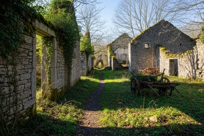 Sentier serpentant dans un village français abandonné