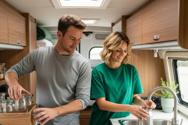 Couple organisant la cuisine réutilisable dans leur van