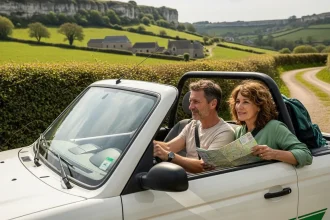 Couple conduisant un van blanc en Normandie