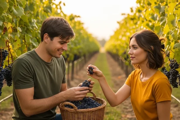Couple récoltant des raisins dans un vignoble en automne