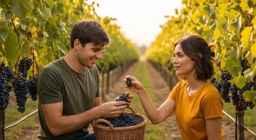 Couple récoltant des raisins dans un vignoble en automne