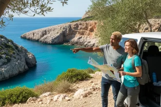 Couple voyageant en van près des falaises en France