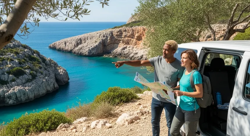 Couple voyageant en van près des falaises en France