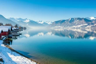 Lac du Bourget avec les Alpes enneigées en hiver