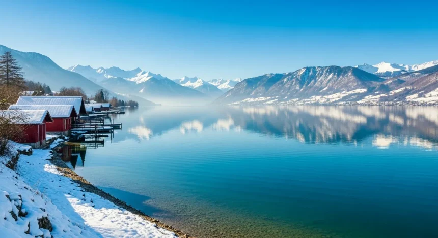 Lac du Bourget avec les Alpes enneigées en hiver