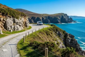 Route côtière vide avec falaises et mer turquoise