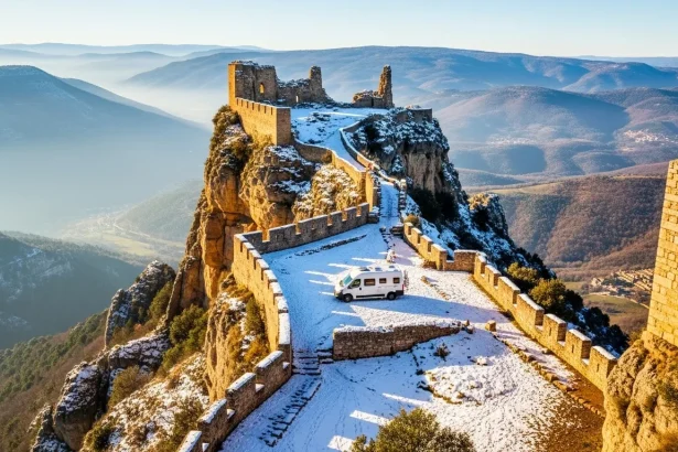 Ruines cathares de Peyrepertuse avec van en hiver